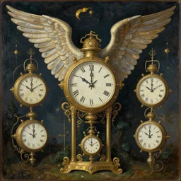 surreal surrealism surrealist painting of winged clocks, intricate, vertical symmetry