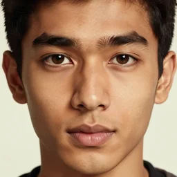 close - up shot, studio photography portrait of a beautiful indian and southeast asian man in his teens, light brown eyes, diamond - shaped face, in the style of saul leiter, warm lighting, 2 4 mm, 8 k