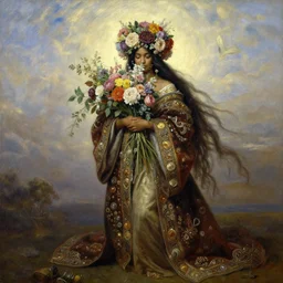 full body oil painting, a beautiful young dark woman, hiding, floral headdress, flowers, holding a bouquet of flowers, long flowing hair, ornate robe, ultra realistic, wide angle, intricate details, artifacts, luminous skies, highly detailed, michael cheval, peter mohrbacher, boris vallejo, jessica rossier, oil painting, highly detailed, cinematic lighting
