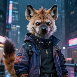 character portrait of a male anthro hyena fursona with a tail and a cute beautiful attractive detailed furry face wearing stylish cyberpunk clothes in a cyberpunk city at night while it rains. hidari, color page, tankoban, 4K, tone mapping, Akihiko Yoshida. Nomax, Kenket, Rukis. comic book style, photorealistic, professional lighting, hyperdetailed, high resolution, high quality, dramatic, deviantart, artstation, 4k, real photo