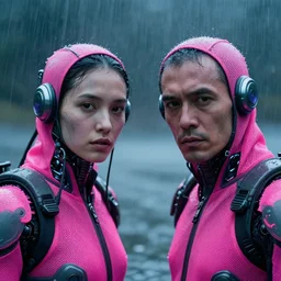 cinestill 5 0 d candid photographic portrait by robert capas of two cyborgs wearing rugged neon pink mesh techwear in treacherous waters, extreme closeup, bokeh, modern cyberpunk moody depressing cinematic, pouring rain, 8 k, hd, high resolution, 3 5 mm, f / 3 2, ultra realistic faces, ex machina