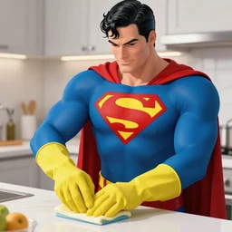 superman wearing rubber gloves to clean kitchen, highly detailed, digital art, sharp focus, trending on art station, anime art style