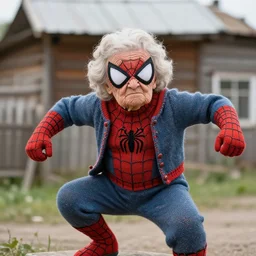 stunning photograph of ( ( ( ( granny spiderman ) ) ) ) in rural russia town, knitted suit, dynamic pose, closeup, aperture 1. 2