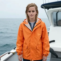 emma watson fishing boat, deadliest catch, orange rain slicker, award winning,