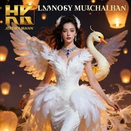 hyperrealistic portrait of a woman among chinese flying lanterns festival wearing white swan dress long feathers and sapphire jewellery by jeremy mann and alphonse mucha, fantasy art, photo realistic, dynamic lighting, artstation, poster, volumetric lighting, very detailed faces, 4 k, award winning