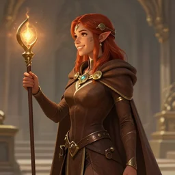 sideview of a dnd young priestess in a temple, earth attuned, brown robes, skintight, cloak, beautiful, light brown skin, red hair, happy, metallic brass accessories, spellcasting, high fantasy, detailed face, highly detailed, sharp focus, smooth, digital illustration, by clyde caldwell, rossdraws