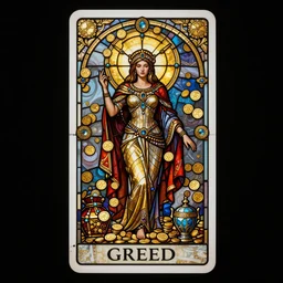 tarot card stained glass greed deadly sin represented by a beautiful woman surrounded by gold coins, jewels, and treasure, style of peter mohrbacher, vray, highly detailed, luxury, fractal, gold inlay, dramatic lighting, golden ratio, elegant, epic