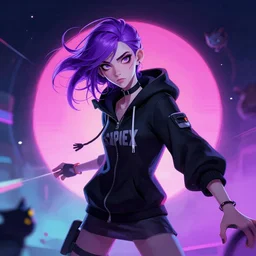 a pale skinny young girl with purple hair, 1 8, in a black hoodie, and a cat, apex legends character, digital illustration portrait design, by android jones and greg rutkowski, retrowave color scheme, detailed, cinematic lighting, wide angle action dynamic portrait