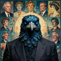 realistic detailed portrait movie shot of a birdman wearing a dark blazer, sci fi landscape background by denis villeneuve, amano, yves tanguy, alphonse mucha, ernst haeckel, max ernst, roger dean, masterpiece, rich cold moody colours, dog teeth, blue eyes