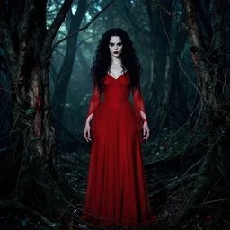 sam yang, full body, pretty alyson hannigan, evil dead demon, evil dead movie, red dress, symmetrical eyes, symmetrical face, long curly black hair, trees, forest, branches, cinematic lighting, evil dead creature, scary, blood