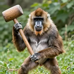 a giant mandrill gibbon mix holding a big wooden mallet, still from the BBC Earth documentary (2018)