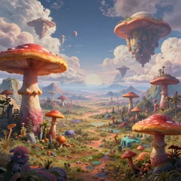a view of a surreal alien variated planetary landscape with gigantic fungus scattered across the vast landscapes, surreal clouds, floating islands, 4 k, retro, detailed, beautiful view, vibrant, trending on artstation