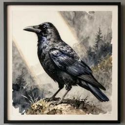 very detailed painting of a crow, by lars lerin, art print, watercolor, lithography, dramatic lighting