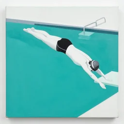 acrylic painting on wood of a woman wearing a swimming cap diving from a high diving board into a pool. the pool is out of frame. teal, white, black and grayscale. simple. flat. vintage, mid - century modern