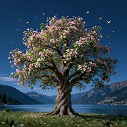 a beautiful awesome artistic tree in the night with falling flowers like leaves and many birds, all in the amazing outdoors view, mountain in the background, lake, long exposure, 8 k resolution, trending on artstation