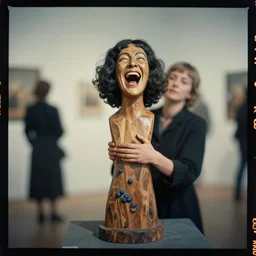 kodak portra 4 0 0, wetplate, muted colours, blueberry, 1 9 3 0 s style, award winning portrait of wooden skulptur of hysterically laughing loudly joko ono by willy verginer in a vernissage, haze, motion blur, in the style of britt marling and by georges melies