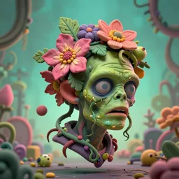 headshot of a trickster nature zombie, head made of fruit and flowers in the style of arcimboldo, fragonard, covered with tendrils slime and vines, digital illustration, dynamic lighting, action figure, clay sculpture, claymation, turquoise pink and green, botanical rainbow backdrop