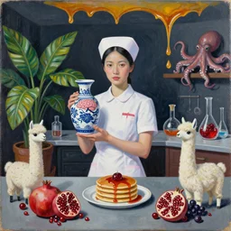 dark kitchen of an art student, portrait of a female nurse holding a brain, japanese vase, tropical houseplants, honey dripping from ceiling, berries dripping juice, pancakes, pomegranate, berries, alpaca sculpture, octopus, scientific glassware, neo - expressionism, surrealism, acrylic and spray paint and oilstick on canvas