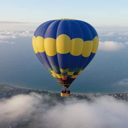 hot air balloon, beautiful sea, clouds, bird's eye view
