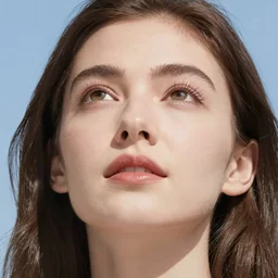 color photo portrait of a woman looking up, close - up, sunny day, on the park