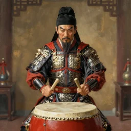 an ancient Chinese general in armor playing drum sest byThomas Eakins,4k