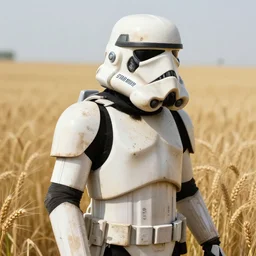 a closeup side view of a star wars imperial dirty filthy muddy stormtrooper on patrol through a tall wheat field during ww 2, sun, moon, smoke, planet, fire, volumetric lighting, action pose, thomas kinkade, ralph mcquarrie, greg rutkowski, detailed illustration, digital art