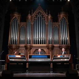 pipe organ stereo system hybrid on a rock concert stage, style of john harris, david hardy, michael okuda, vincent di fate, rongier, dramatic lighting, detailed, gothic, ornate, symmetrical, kafka, dark colors