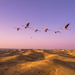 drone vision from high, rainbow colored flamingos flying in a purple and pink sky at sunset. planets in the distance and golden hills, surreal, liquify, 4 k, artstation