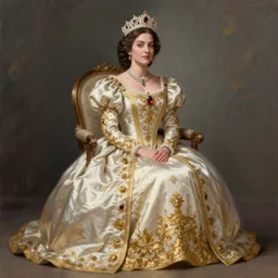kneeling before a proud queen,  sitting in a chair while posing for a photo, royal gown, golden detailing, medium shot, intricate, elegant, highly detailed, digital painting, volumetric light, artstation, concept art, smooth, sharp focus, illustration, art by Gil Elvgren and Greg Rutkowski and Alphonse Mucha, 8K