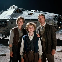 extremely sharply detailed, 7 0 mm scan from blockbuster 9 6 k sci fi color movie freeze frame, set 1 8 6 0, family standing in front of crashed spaceship, on alien planet, looking happy, wearing 1 8 5 0 s era clothes, atmospheric lighting, in focus, reflective eyes, 9 0 mm lens, live action, nice composition and photography, clear facial details