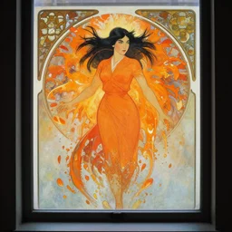 view through window, portrait of bjork in mulan, orange, splash aura in motion, floating pieces, painted art by tsuyoshi nagano, greg rutkowski, artgerm, alphonse mucha, spike painting