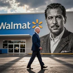 Joe Biden walking with Lee Harvey Oswald as walmart