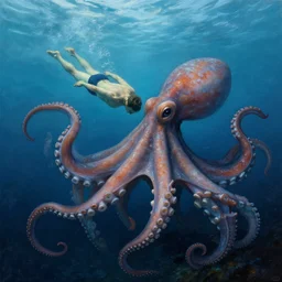 a dream fantasy painting of a a swimming man trapped by a giant octopus in the deep of the ocean, by beksinki, giger, greg rutkowski, carne griffith trending on artstation, deviantart, photorealism