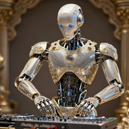 robot dj, by peter mohrbacher and chris myer, intricate detail, finely detailed, glitter, sparkle, small details, extra detail, photorealistic, high resolution, vray, hdr, hyper detailed, insane details, intricate, elite, ornate, elegant, luxury, dramatic lighting, octane render, weta digital, micro details, 3 d sculpture