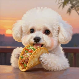 a photorealistic oil painting of cute bichon frise eating tacos during sunset Trending on Artstation, featured on Behance, well-rendered, Unreal Engine, 4K HD