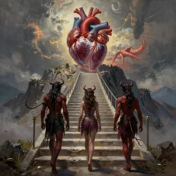 a fantasy painting of three demons walking up stairs leading to an anatomical heart on a mountain peak