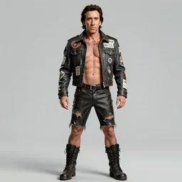 nicholas cage as a tattooed armored wanderer pinup, wearing scratched and ripped leather shorts and a short jacket full of stamps and stitches, character sheet, fine details, concept design, contrast, kim jung gi, greg rutkowski, trending on artstation, 8 k, full body, turnaround, front view, back view, ultra wide angle