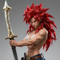 wwarrior girl, muscular girl, wild spiky red saiyan hair, long spiky hair, electrified hair, holding scimitar made of bone, scimitar, ultra realistic, intricate details, highly detailed, subsurface scattering, photorealistic, octane render, 8 k, art by artgerm, greg rutkowski, magali villeneuve, alphonse mucha