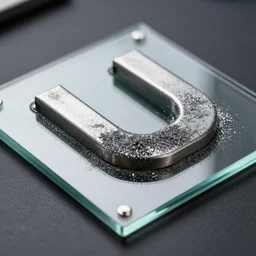 iron filings on top of a glass panel, which is over a u - shaped magnet. hyperrealistic, hd, 8 k