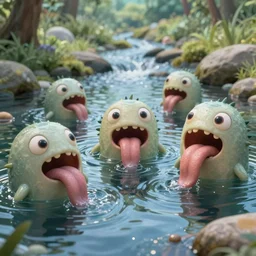 of a serene river stream with strange cute friendly happy creatures with huge eyes, mouth, long tongue and round teeth appearing from the water, in the style of gehry and miyazaki, macro lens, shallow depth of field, highly detailed, digital painting, trending artstation, concept art, illustration, cinematic lighting, vibrant colors, photorealism, epic, octane render