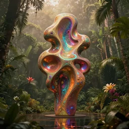 giant iridescent abstract sculpture monolith in lush tropical jungle with a few flowers, foggy, moody, warm tones, water reflection : : by jeff koons, dan mcpharlin daniel merrian : : ornate, dynamic, particulate, rich colors, intricate, elegant, highly detailed, centered, artstation, smooth, sharp focus, octane render, 3 d