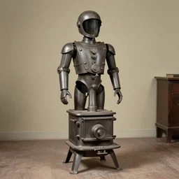 a photograph from 1890 of mech suit made out of a cast iron potbelly stove