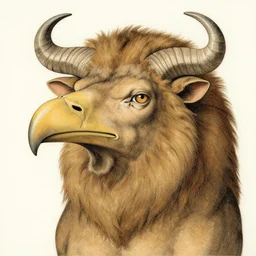 a creature with the body and eyes of a man, beak of an eagle instead of the nose, the mane of a lion, two horns of an ox on the head. drawn by hieronymus bosch
