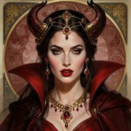 portrait of megan fox as a vampire queen, jewelry, greek, dark red, intricate, headshot, highly detailed, digital painting, artstation, concept art, sharp focus, cinematic lighting, illustration, art by artgerm and greg rutkowski, alphonse mucha, cgsociety