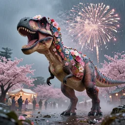 a beautiful roaring t - rex with flowers around its head!!! floral sakura japanese tardigrade!!! at a fireworks sakura tardigrade!!! festival. rainy, dreamlike art, mist, realistic shaded, fine details, 4 k realistic, cryengine, realistic shaded lighting poster by greg rutkowski, magali villeneuve, artgerm, jeremy lipkin and michael