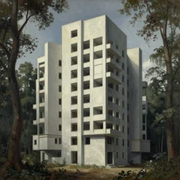 a painting of a building in the middle of a forest, a detailed matte painting, brutalism, rough, unfinished surfaces, unusual shapes, straight lines, greeble, oil paint, insanely detailed and intricate, hypermaximalist, elegant, ornate, hyper realistic by eugene von guerard, zdzislaw beksinski, arnold boecklin, francisco goya, caravaggio
