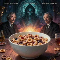 cosmic horrors in my cereal, close up of cereal bowl, by zdzislaw beksinski, by dariusz zawadzki, by john jude palencar, gothic, surrealism, cosmic horror, lovecraftian, cold hue's, warm tone gradient background, concept art, first person view, scene in dining room, beautiful composition