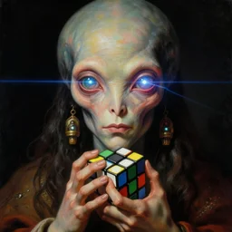 a baroque close - up portrait of a cosmic alien fantasy cyborg shaman god with colorful laser eyes, gripping a rubiks cube. black background. studio lighting, big eyes. highly detailed science fiction fantasy painting by norman rockwell, moebius, frank frazetta, syd mead, and sandro botticelli. high contrast. renaissance masterpiece. artstation.