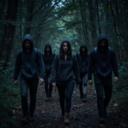 a group of with hoodies walking in a forest at night, dnd, dramatic, fantasy art