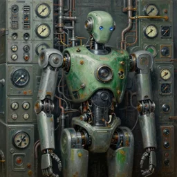 robot amid a hugely complex set of mechanical panels, analog dials, duct work, and circuits, green and gray metallic color scheme, gritty, ornate, intricate detail, oil painting